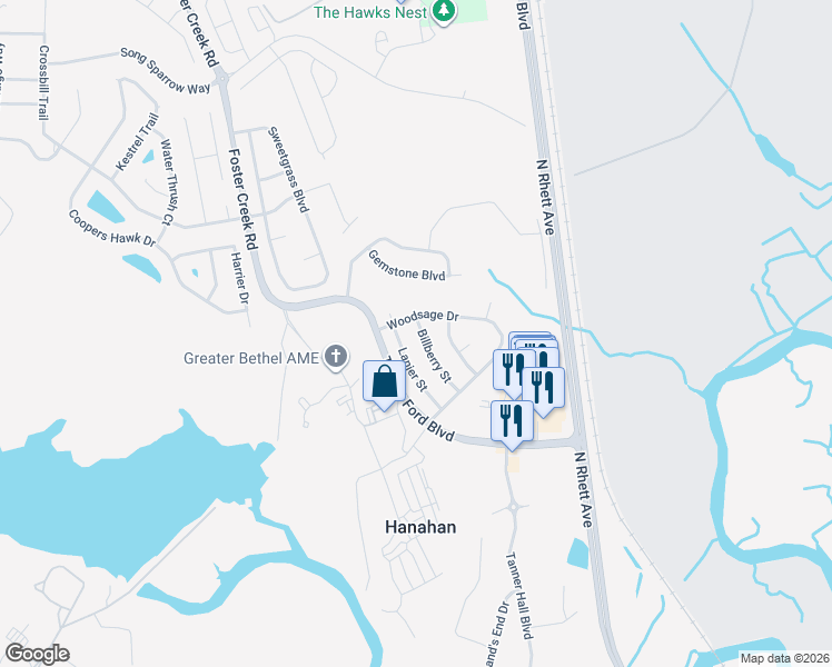 map of restaurants, bars, coffee shops, grocery stores, and more near 7026 Billberry Street in Hanahan