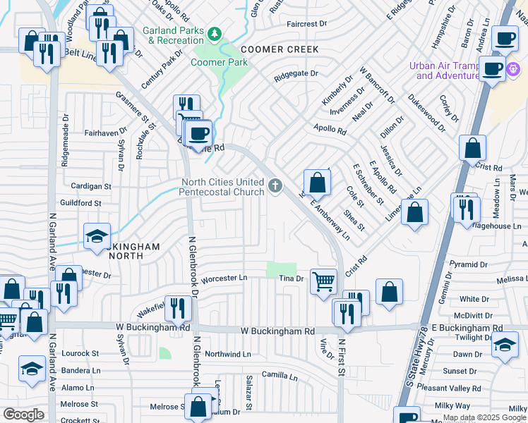 map of restaurants, bars, coffee shops, grocery stores, and more near 441 Brookfield Drive in Garland