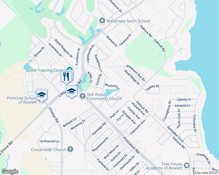map of restaurants, bars, coffee shops, grocery stores, and more near 8117 Wexford Lane in Rowlett