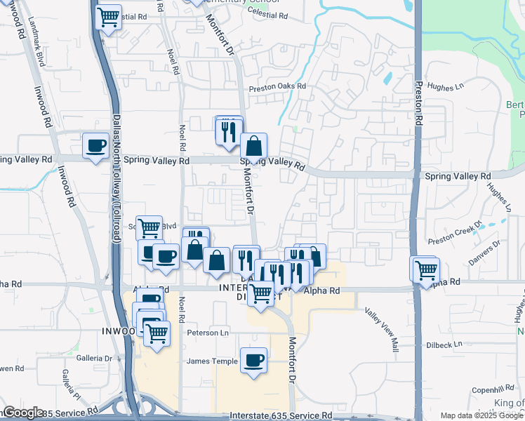 map of restaurants, bars, coffee shops, grocery stores, and more near 13920 Montfort Drive in Dallas