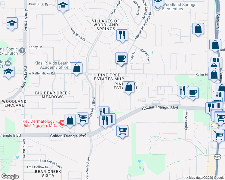 map of restaurants, bars, coffee shops, grocery stores, and more near 4555 Pine Tree Circle West in Fort Worth