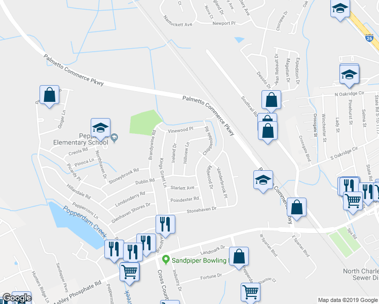 map of restaurants, bars, coffee shops, grocery stores, and more near 7632 Hillview Lane in North Charleston