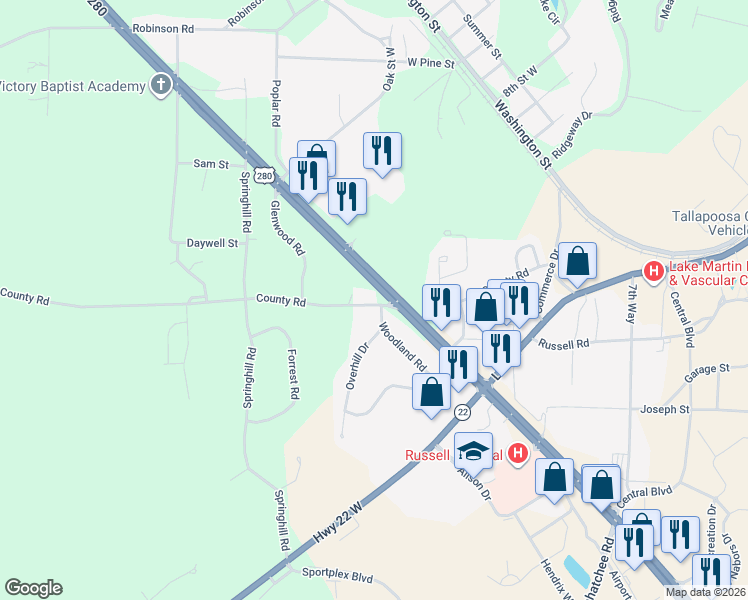 map of restaurants, bars, coffee shops, grocery stores, and more near 1736 County Road in Alexander City