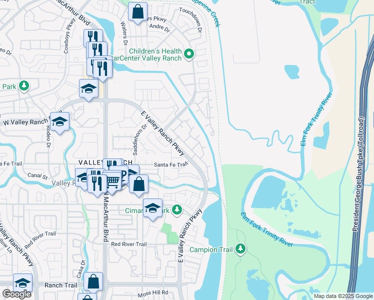 map of restaurants, bars, coffee shops, grocery stores, and more near 9492 Valley Ranch Parkway East in Irving
