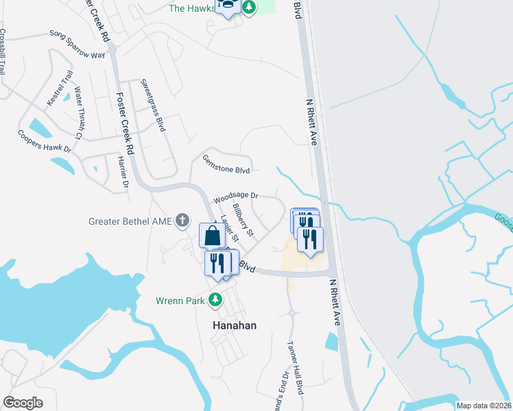map of restaurants, bars, coffee shops, grocery stores, and more near 7023 Bellflower Lane in Hanahan