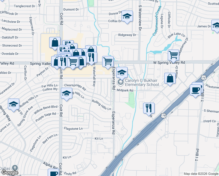 map of restaurants, bars, coffee shops, grocery stores, and more near 13818 Ramblewood Trail in Dallas