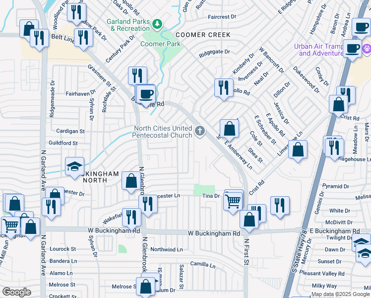 map of restaurants, bars, coffee shops, grocery stores, and more near 441 Brookfield Drive in Garland