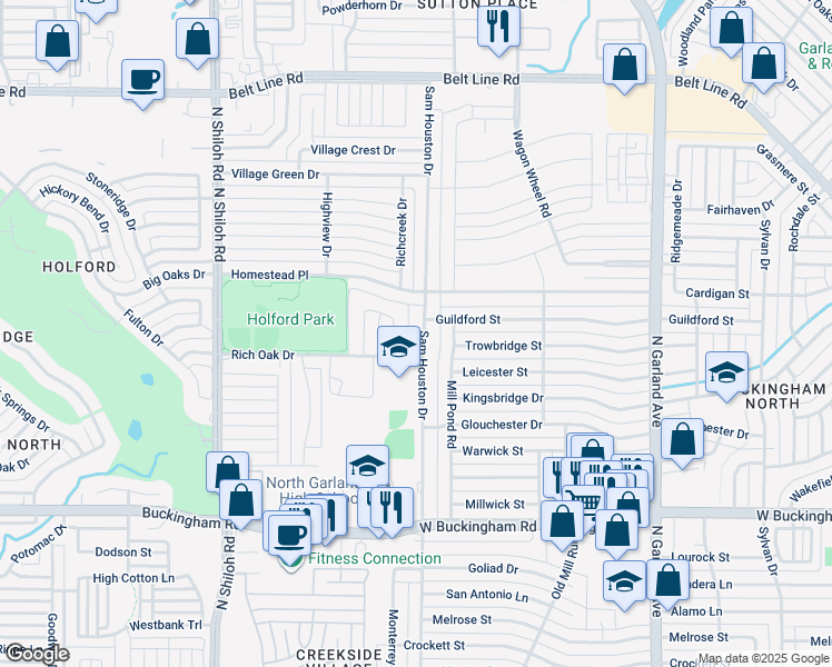 map of restaurants, bars, coffee shops, grocery stores, and more near 2410 Sam Houston Drive in Garland