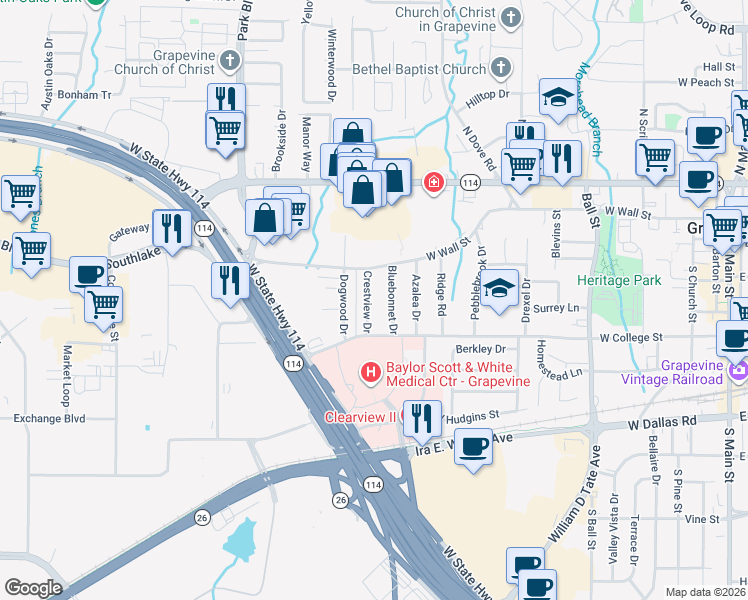 map of restaurants, bars, coffee shops, grocery stores, and more near 421 Crestview Drive in Grapevine