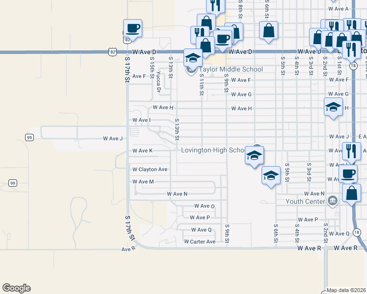 map of restaurants, bars, coffee shops, grocery stores, and more near 1206 West Avenue K in Lovington