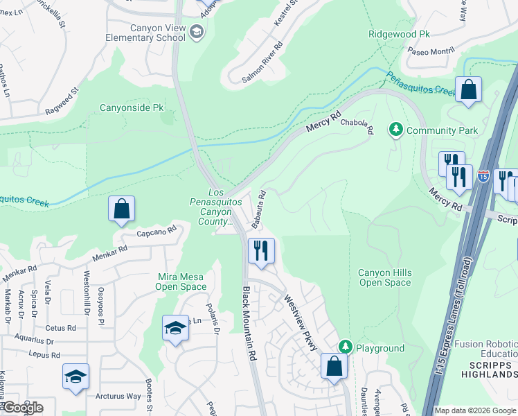 map of restaurants, bars, coffee shops, grocery stores, and more near 9301 Babauta Road in San Diego