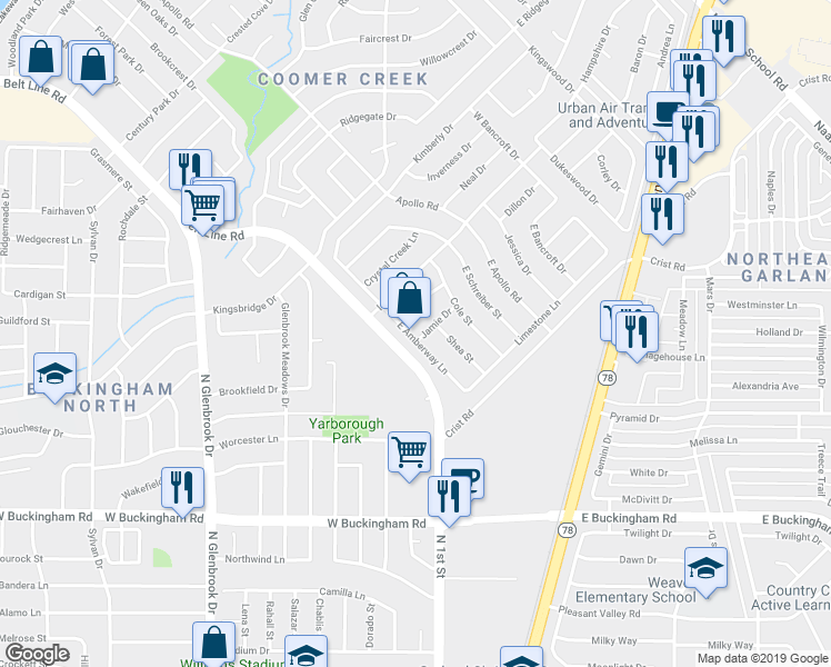 map of restaurants, bars, coffee shops, grocery stores, and more near in Garland