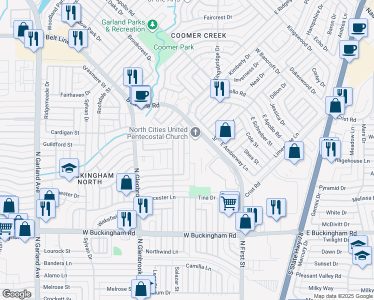 map of restaurants, bars, coffee shops, grocery stores, and more near 441 Brookfield Drive in Garland