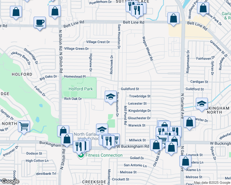 map of restaurants, bars, coffee shops, grocery stores, and more near 2410 Sam Houston Drive in Garland