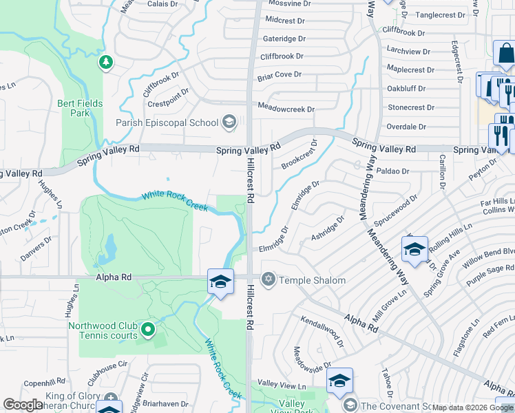 map of restaurants, bars, coffee shops, grocery stores, and more near 13920 Hillcrest Road in Dallas