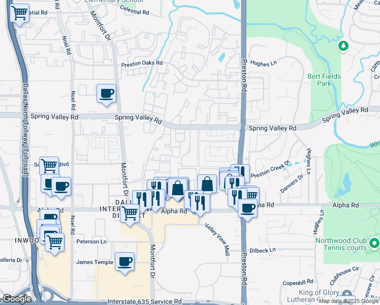 map of restaurants, bars, coffee shops, grocery stores, and more near 5704 Spring Valley Road in Dallas