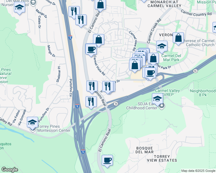 map of restaurants, bars, coffee shops, grocery stores, and more near 3698 Valley Centre Drive in San Diego