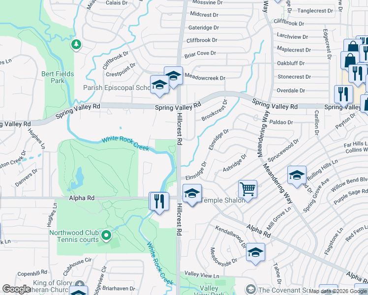 map of restaurants, bars, coffee shops, grocery stores, and more near 13920 Hillcrest Road in Dallas