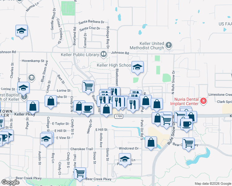 map of restaurants, bars, coffee shops, grocery stores, and more near 692 Lantana Drive in Keller