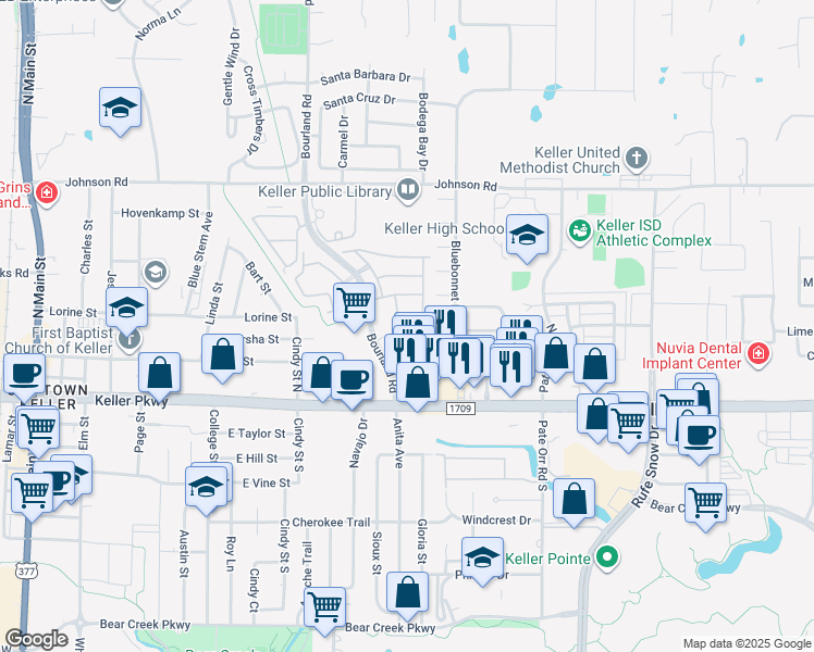 map of restaurants, bars, coffee shops, grocery stores, and more near 732 Elysee Lane in Keller