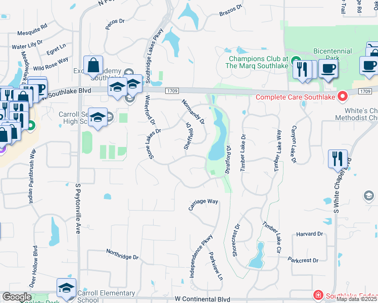 map of restaurants, bars, coffee shops, grocery stores, and more near 402 Sheffield Drive in Southlake