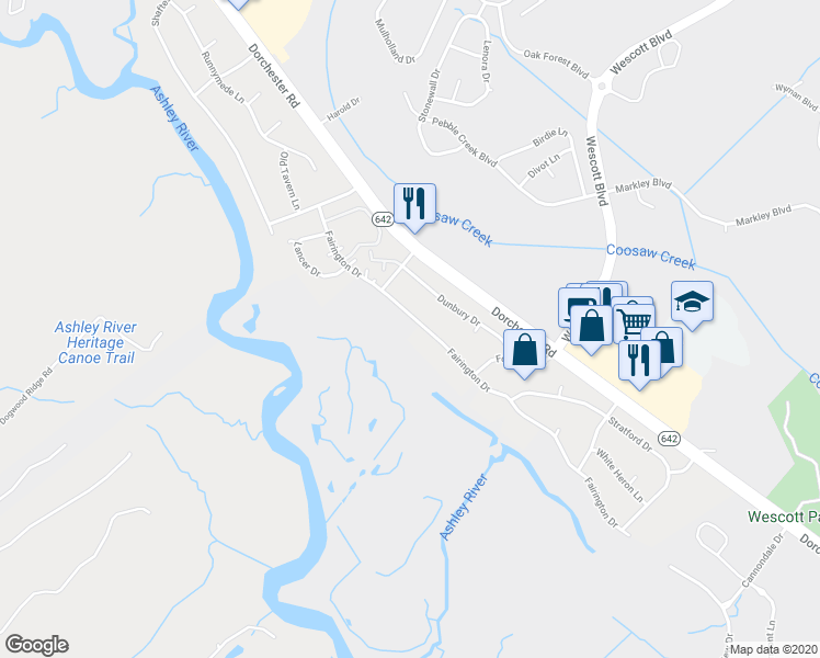 map of restaurants, bars, coffee shops, grocery stores, and more near 310 Fairington Drive in Summerville