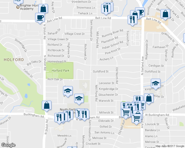 map of restaurants, bars, coffee shops, grocery stores, and more near 2410 Sam Houston Dr in Garland