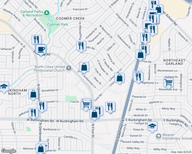 map of restaurants, bars, coffee shops, grocery stores, and more near 211 Shea St in Garland