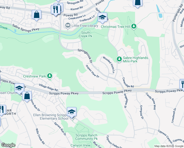 map of restaurants, bars, coffee shops, grocery stores, and more near 11743 Aspen View Drive in San Diego