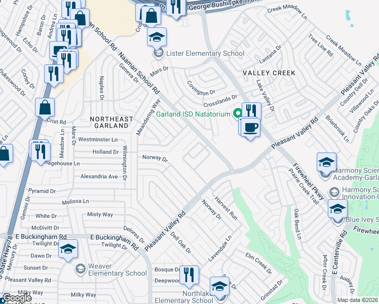 map of restaurants, bars, coffee shops, grocery stores, and more near 2521 Shalimar Dr in Garland