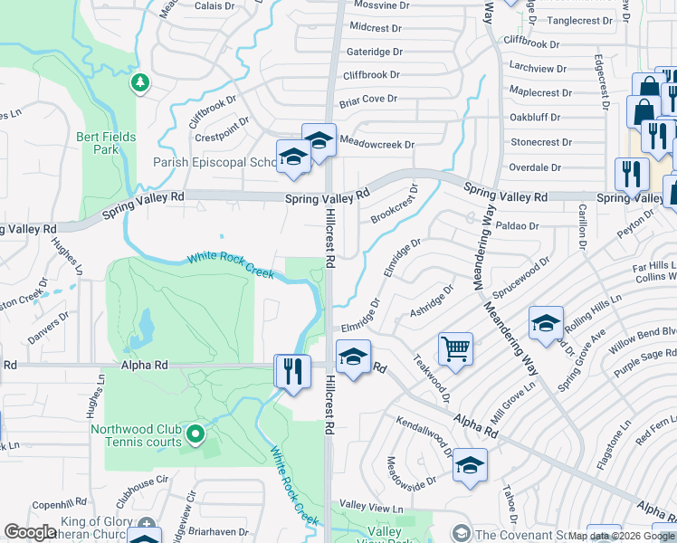 map of restaurants, bars, coffee shops, grocery stores, and more near 13920 Hillcrest Road in Dallas