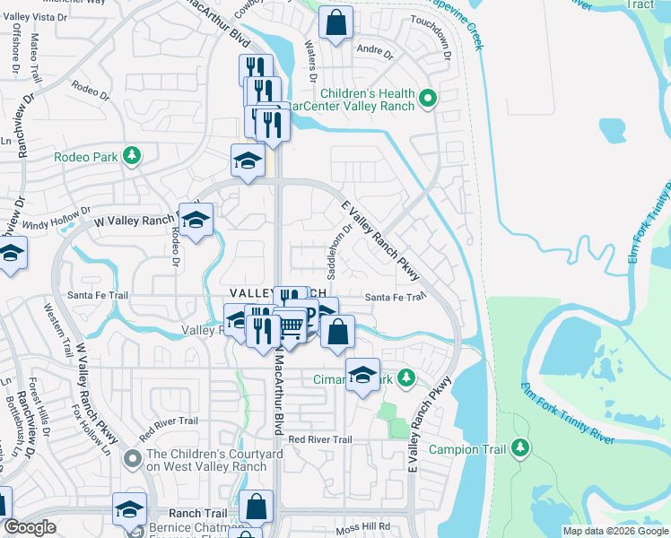 map of restaurants, bars, coffee shops, grocery stores, and more near 900 Silverstone Lane in Irving