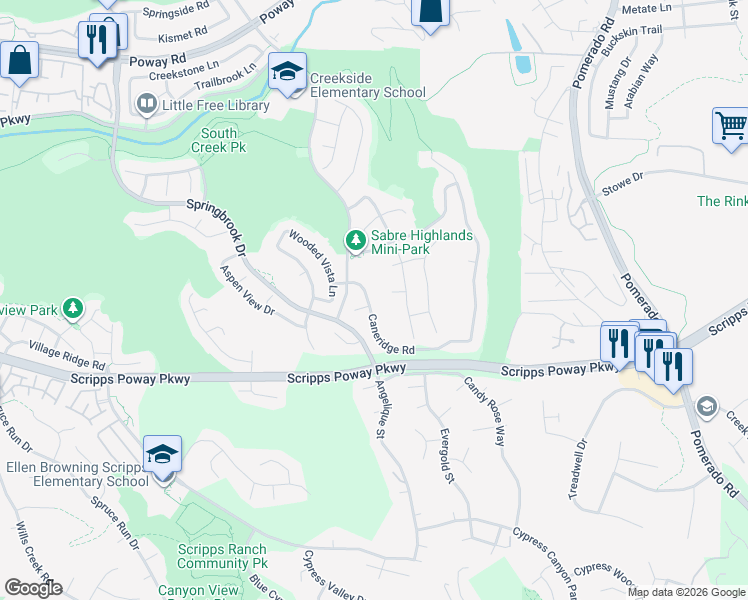 map of restaurants, bars, coffee shops, grocery stores, and more near 12005 Caneridge Road in San Diego