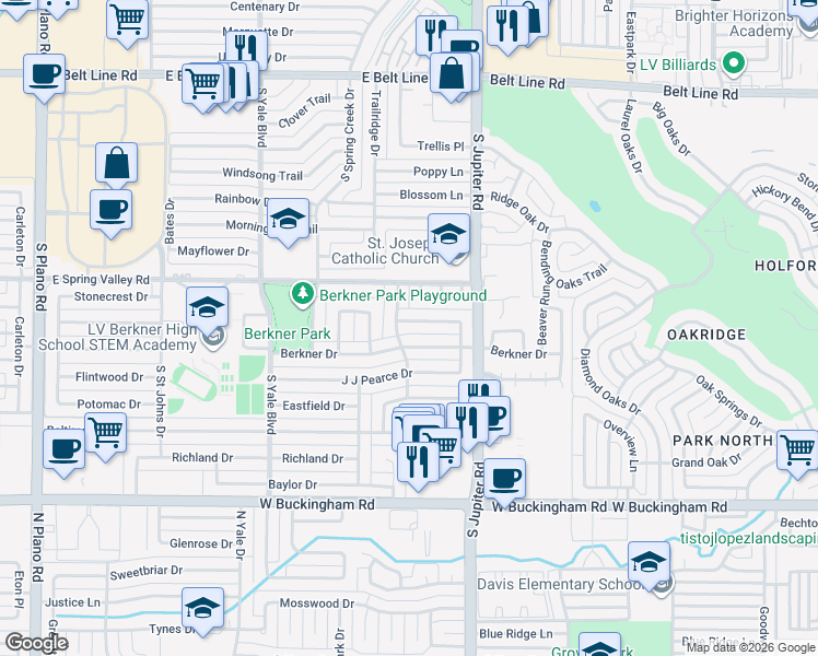 map of restaurants, bars, coffee shops, grocery stores, and more near 2002 Clearfield Cir in Richardson