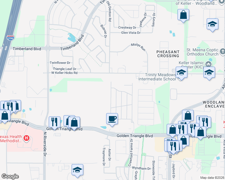 map of restaurants, bars, coffee shops, grocery stores, and more near 11066 Peninsula Lane in Fort Worth