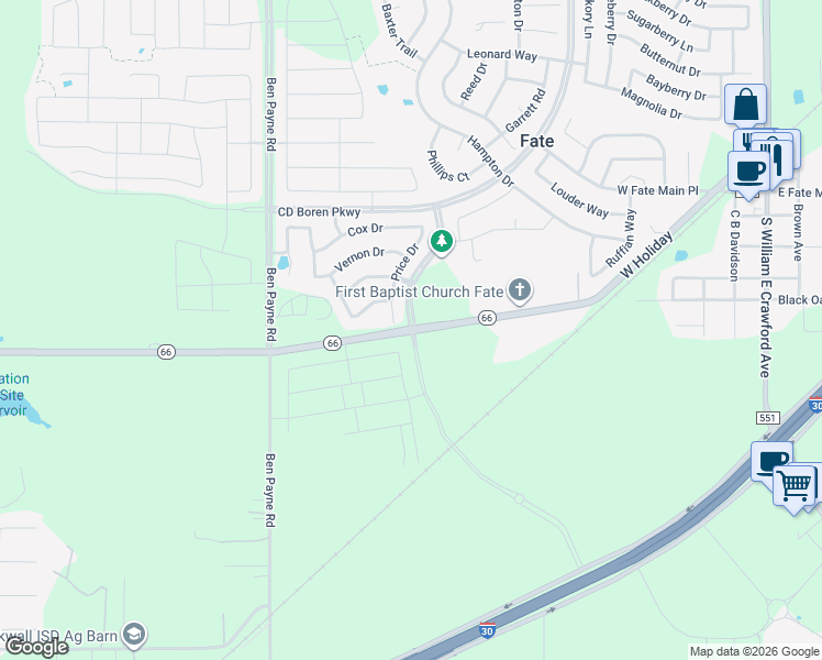 map of restaurants, bars, coffee shops, grocery stores, and more near 999 West Holiday in Rockwall