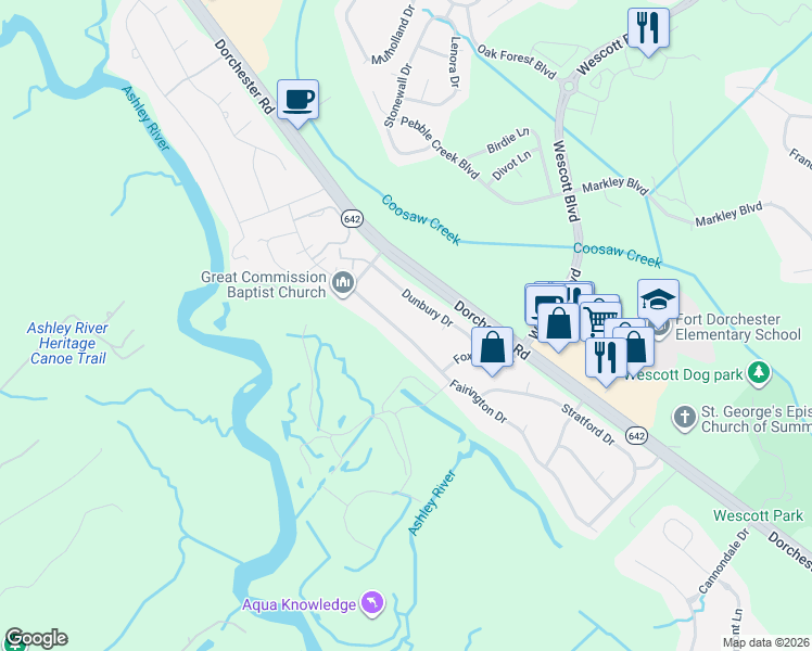map of restaurants, bars, coffee shops, grocery stores, and more near 315 Fairington Drive in Summerville