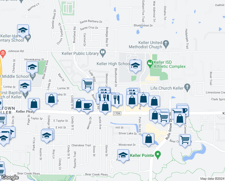 map of restaurants, bars, coffee shops, grocery stores, and more near 692 Lantana Drive in Keller