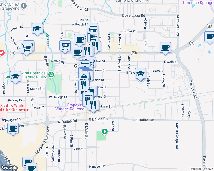 map of restaurants, bars, coffee shops, grocery stores, and more near 313 East Franklin Street in Grapevine
