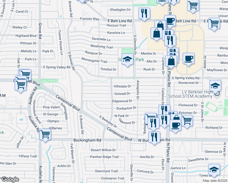map of restaurants, bars, coffee shops, grocery stores, and more near 1001 Grinnell Drive in Richardson