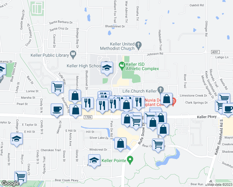 map of restaurants, bars, coffee shops, grocery stores, and more near 226 Overleaf Drive in Keller