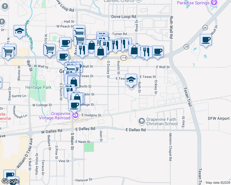map of restaurants, bars, coffee shops, grocery stores, and more near 521 E Franklin St in Grapevine
