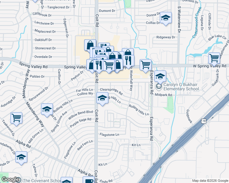map of restaurants, bars, coffee shops, grocery stores, and more near 8120 Clearsprings Road in Dallas