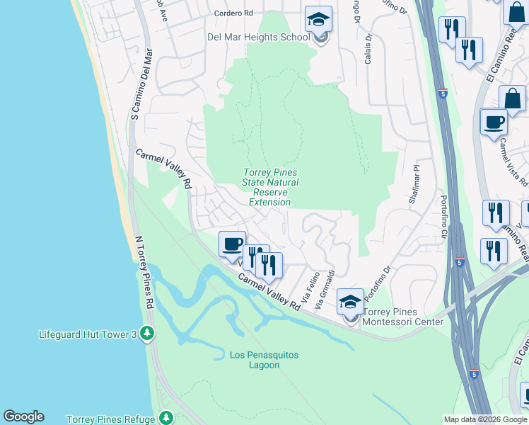 map of restaurants, bars, coffee shops, grocery stores, and more near 2310 Caminito Cala in Del Mar