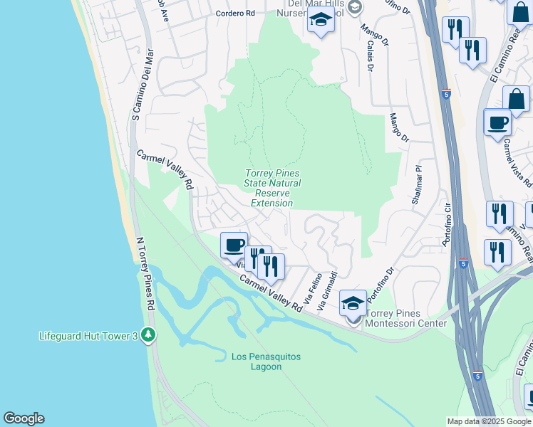 map of restaurants, bars, coffee shops, grocery stores, and more near 2310 Caminito Cala in Del Mar