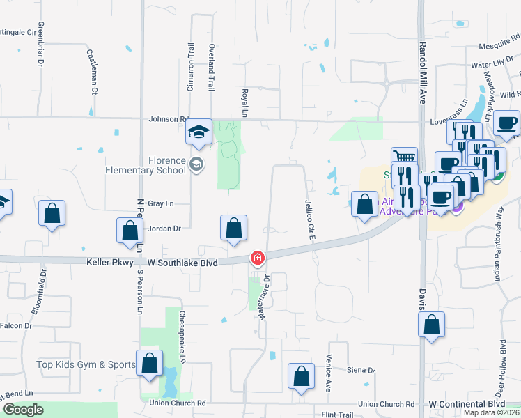 map of restaurants, bars, coffee shops, grocery stores, and more near 162 Jellico Circle in Southlake
