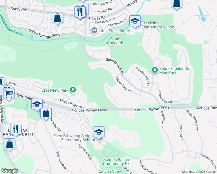 map of restaurants, bars, coffee shops, grocery stores, and more near 12028 Windom Peak Way in San Diego