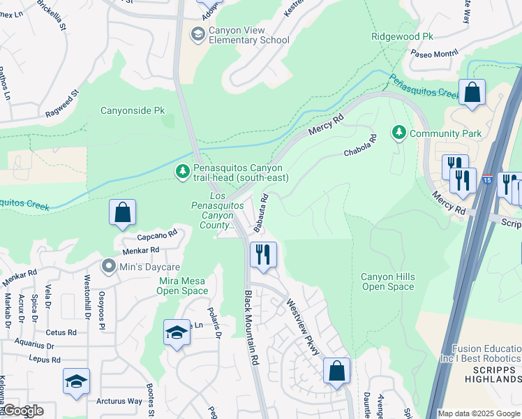 map of restaurants, bars, coffee shops, grocery stores, and more near 9301 Babauta Road in San Diego