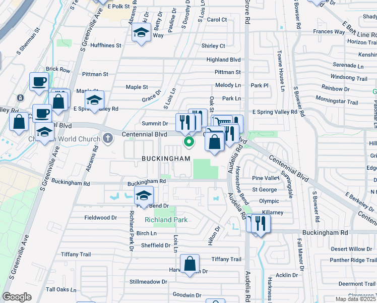 map of restaurants, bars, coffee shops, grocery stores, and more near 522 Centennial Boulevard in Richardson