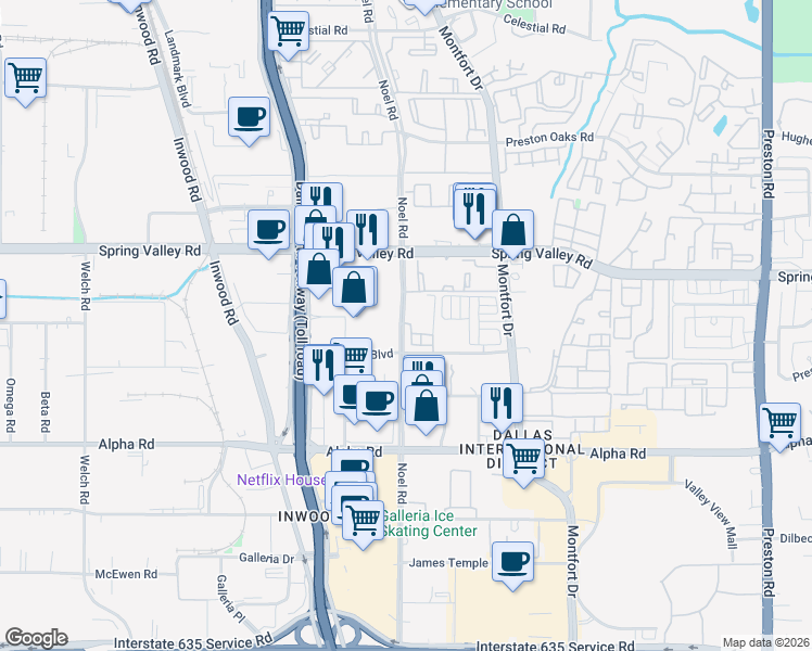 map of restaurants, bars, coffee shops, grocery stores, and more near 13970 Noel Road in Dallas